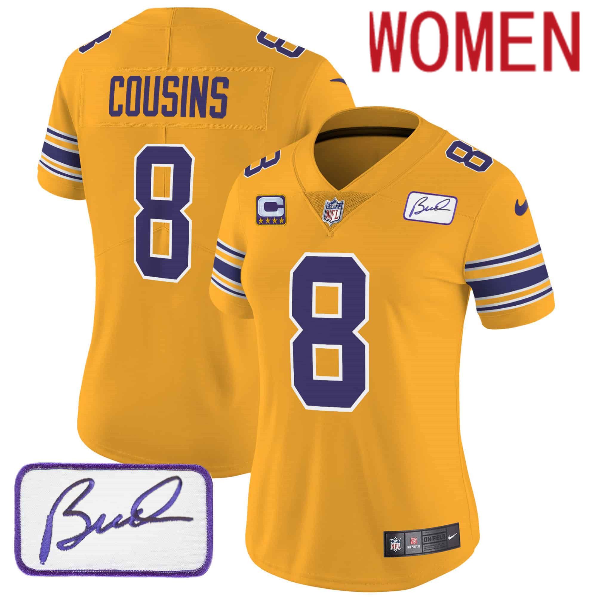 Women Minnesota Vikings #8 Cousins Yellow 2024 Nike Bud Grant Patch Classic Limited NFL Jersey->women nfl jersey->Women Jersey
